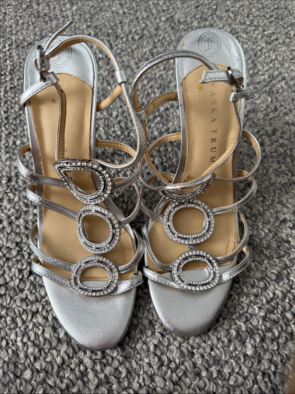 Ivanka Trump Silver Rhinestone Ring Strappy Heels